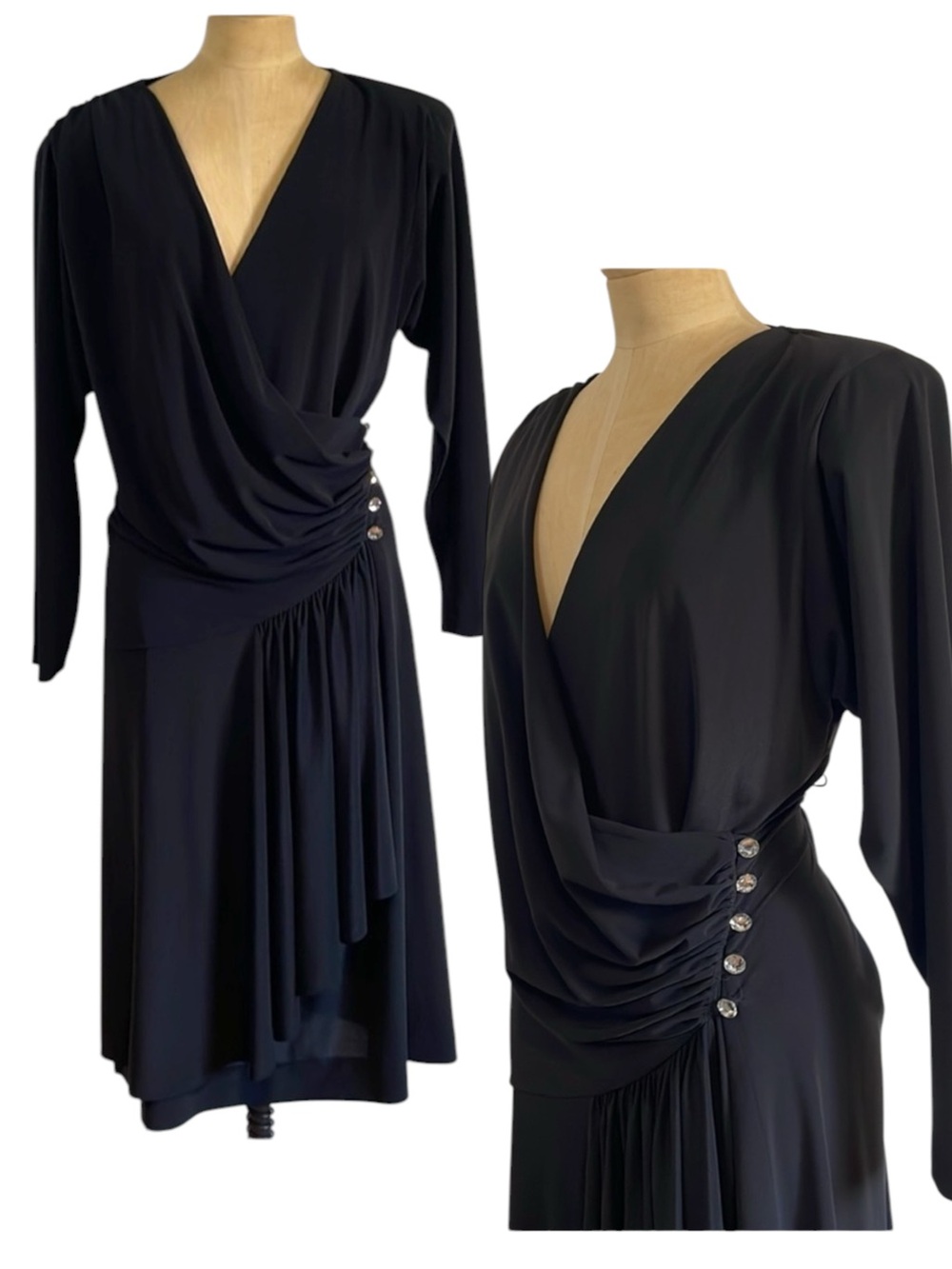 VTG Nuit Draped Black Dress 8 V-Neck 90s Rhinestone Midi LBD Crystal Formal